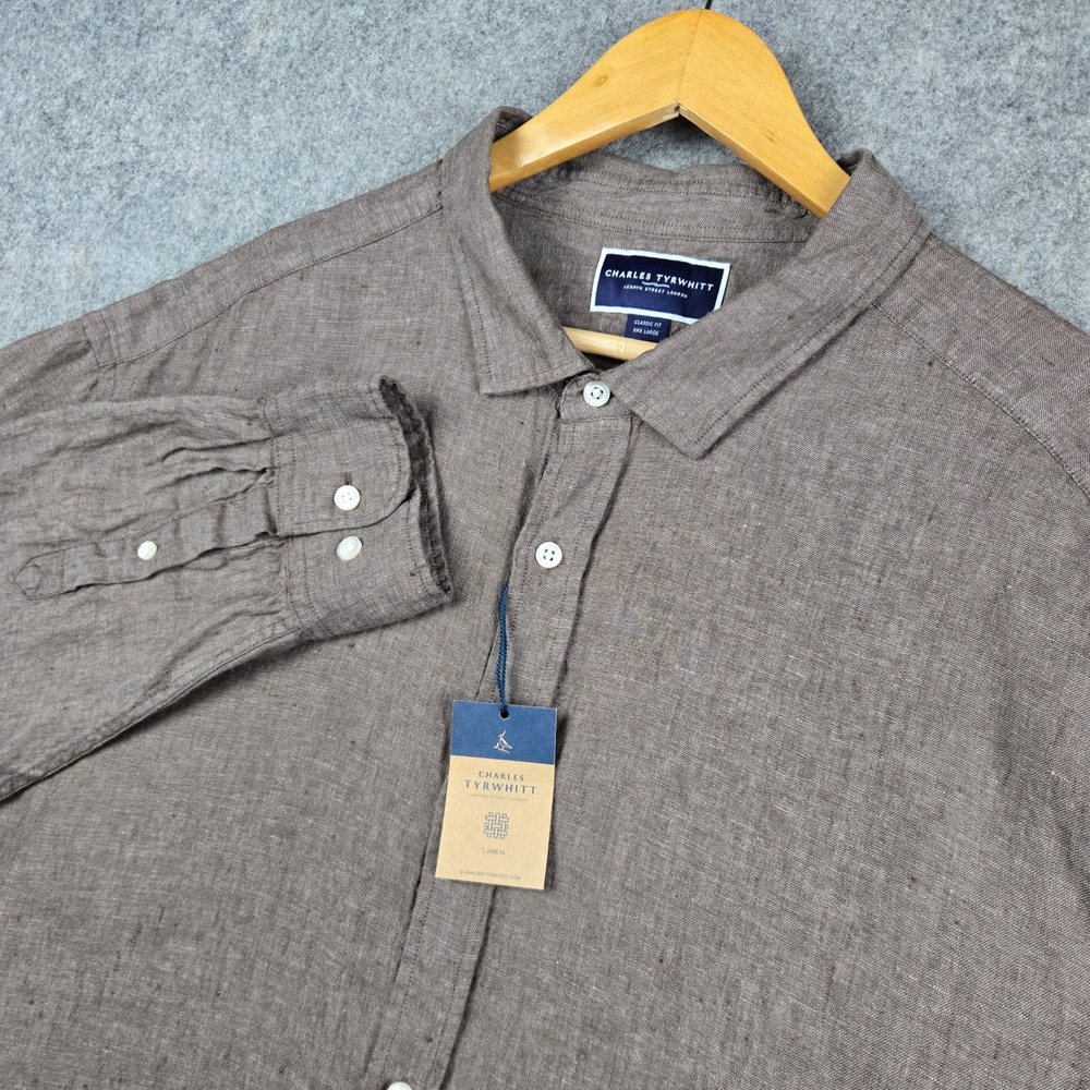 Charles Tyrwhitt Shirt Mens 3XL Mocha Brown Linen Long Sleeve Button Up New